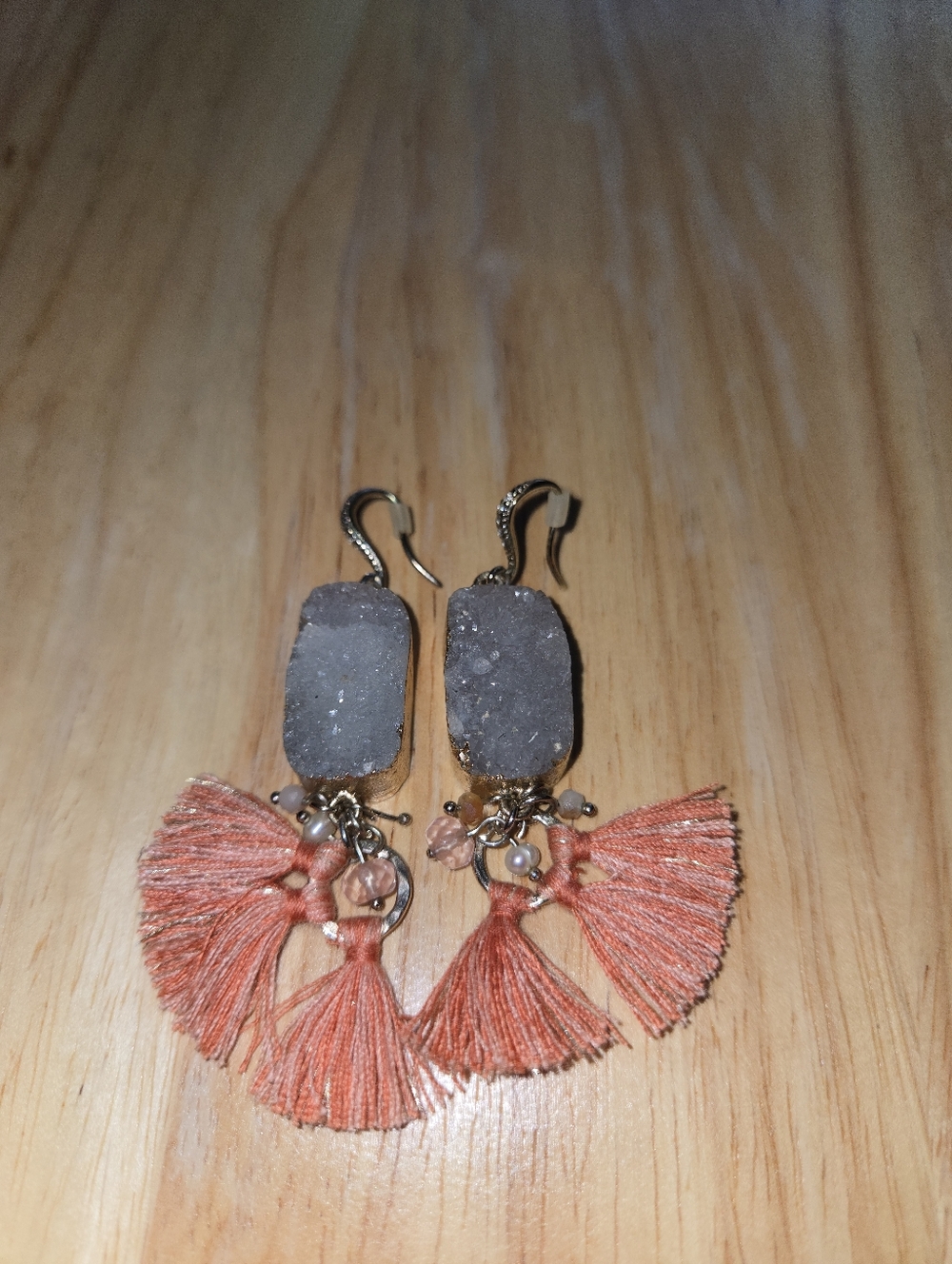 Boho Tassel Dangle Earrings Coral Pink Beaded Gold Tone Statement